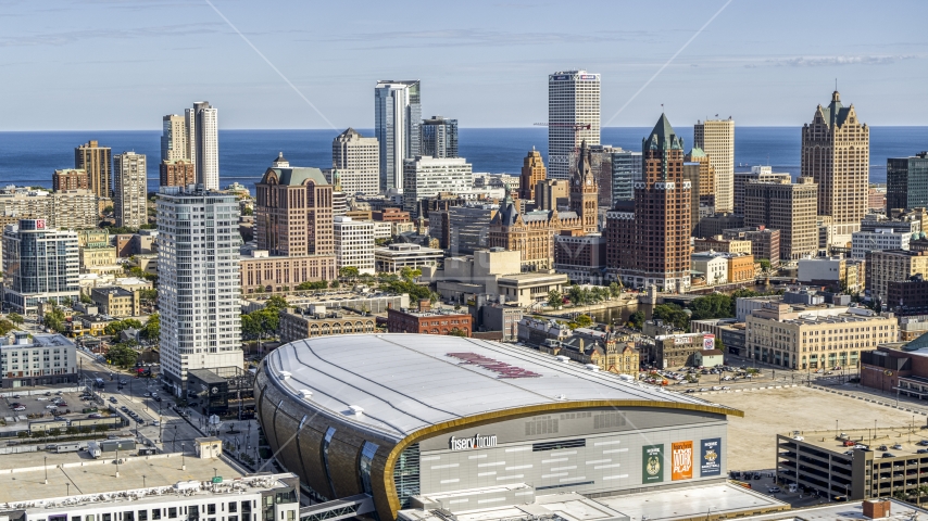 The city's skyline seen from the arena in Downtown Milwaukee, Wisconsin Aerial Stock Photo DXP002_152_0004 | Axiom Images