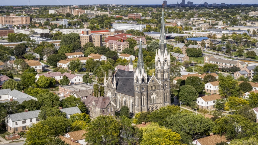 A church with tall steeples in Milwaukee, Wisconsin Aerial Stock Photo DXP002_152_0005 | Axiom Images