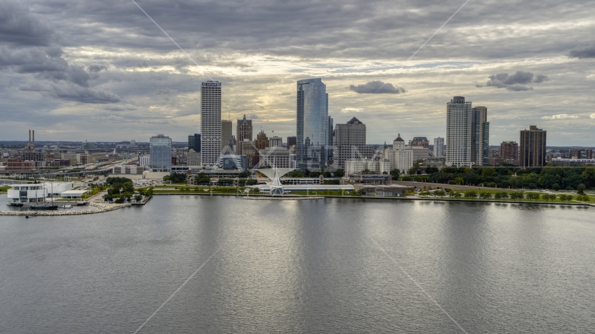The city's lakefront skyline seen from Lake Michigan in Downtown Milwaukee, Wisconsin Aerial Stock Photo DXP002_154_0004 | Axiom Images