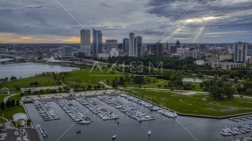 Veterans Park and skyline of Downtown Milwaukee, Wisconsin Aerial Stock Photo DXP002_154_0006 | Axiom Images