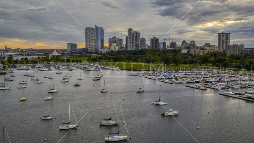 Veterans Park and skyline of Downtown Milwaukee, Wisconsin seen from marina Aerial Stock Photo DXP002_154_0007 | Axiom Images