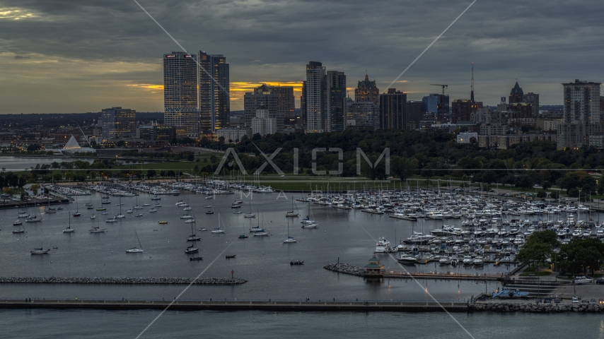 Marina and the city's skyline at twilight, Downtown Milwaukee, Wisconsin Aerial Stock Photo DXP002_155_0003 | Axiom Images