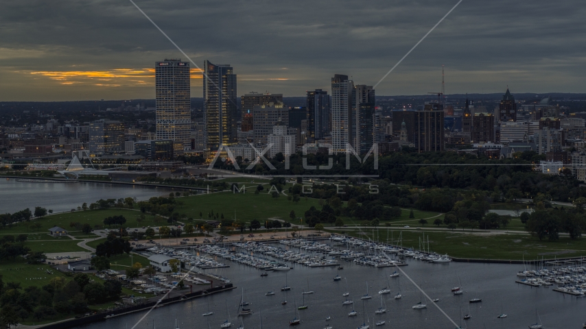 The marina and a view of the city's skyline at night, Downtown Milwaukee, Wisconsin Aerial Stock Photo DXP002_155_0004 | Axiom Images