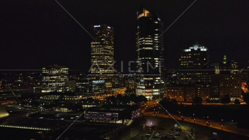 Tall skyscrapers at night, Downtown Milwaukee, Wisconsin Aerial Stock Photo DXP002_157_0001 | Axiom Images