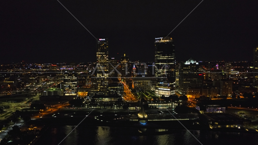 A view of tall skyscrapers at night, Downtown Milwaukee, Wisconsin Aerial Stock Photo DXP002_157_0002 | Axiom Images