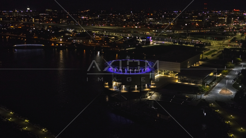 Discovery World museum at night, Downtown Milwaukee, Wisconsin Aerial Stock Photo DXP002_157_0003 | Axiom Images