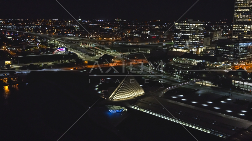 The lakefront museum rooftop at night, Downtown Milwaukee, Wisconsin Aerial Stock Photo DXP002_157_0006 | Axiom Images