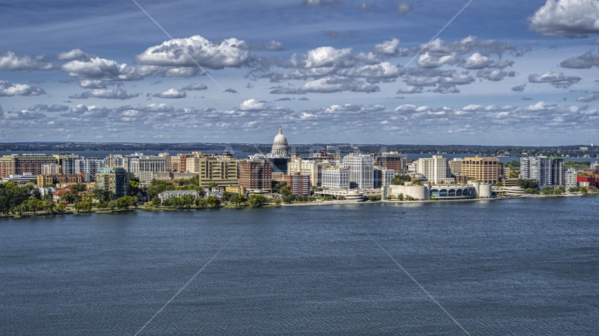 Lakefront city buildings in Madison, Wisconsin Aerial Stock Photo DXP002_158_0001 | Axiom Images