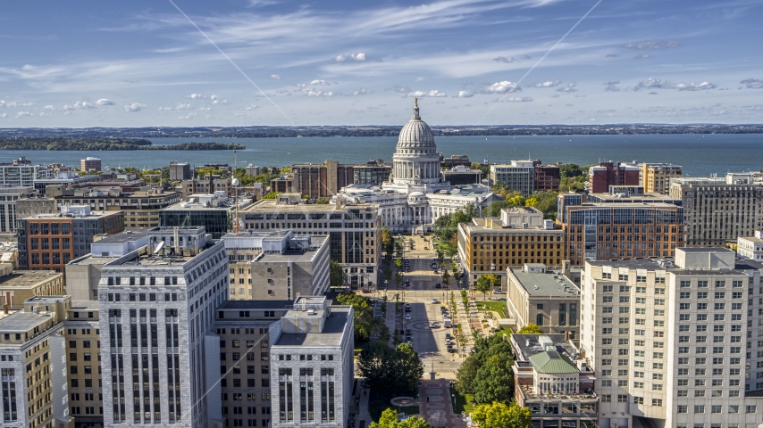 The capitol dome and office buildings, Madison, Wisconsin Aerial Stock Photo DXP002_158_0004 | Axiom Images
