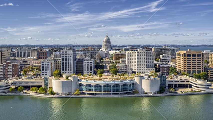 The capitol dome, office buildings, and convention center, Madison, Wisconsin Aerial Stock Photo DXP002_158_0005 | Axiom Images