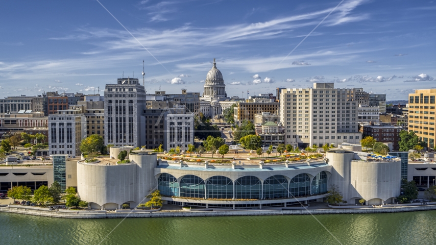 The capitol dome and office buildings, seen from the convention center, Madison, Wisconsin Aerial Stock Photo DXP002_158_0006 | Axiom Images