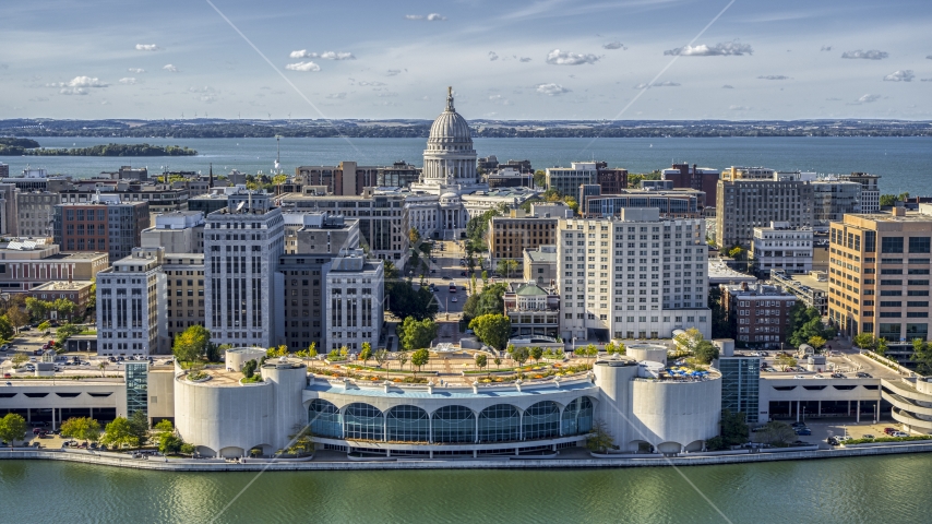 The capitol and the waterfront convention center, Madison, Wisconsin Aerial Stock Photo DXP002_160_0001 | Axiom Images