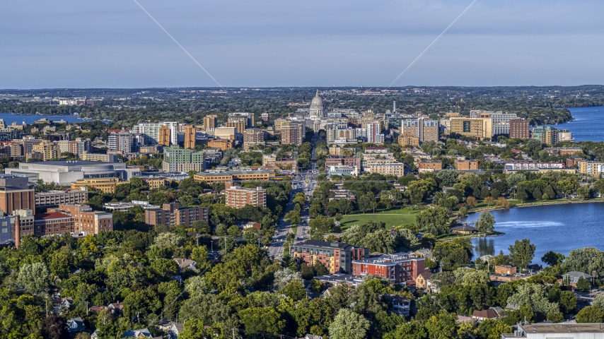 The capitol dome and downtown seen from a residential neighborhood, Madison, Wisconsin Aerial Stock Photo DXP002_161_0001 | Axiom Images