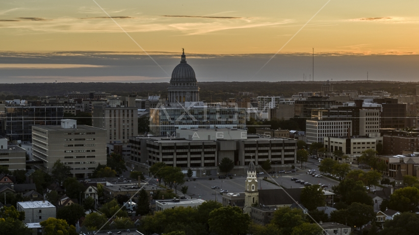 The capitol dome at sunset, Madison, Wisconsin Aerial Stock Photo DXP002_161_0003 | Axiom Images