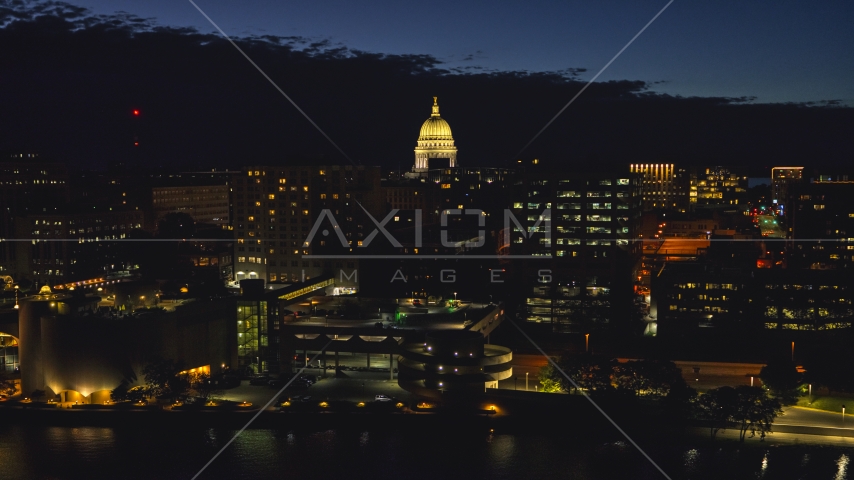 The capitol dome and downtown buildings at twilight, Madison, Wisconsin Aerial Stock Photo DXP002_162_0001 | Axiom Images