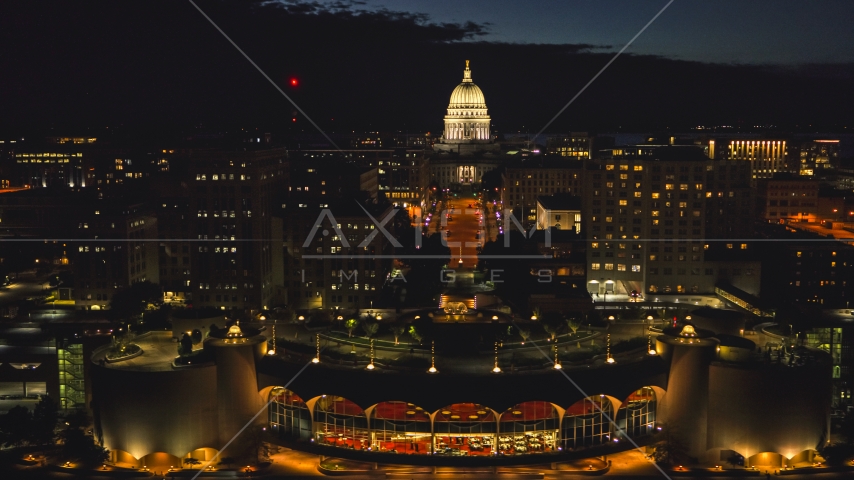 The convention center and the capitol at night, Madison, Wisconsin Aerial Stock Photo DXP002_162_0002 | Axiom Images