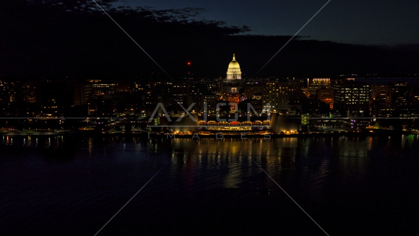 The convention center and capitol in downtown at night, Madison, Wisconsin Aerial Stock Photo DXP002_162_0003 | Axiom Images