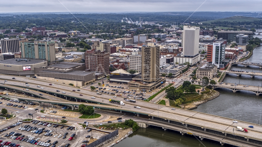 The convention center, city buildings near river, Downtown Cedar Rapids, Iowa Aerial Stock Photo DXP002_164_0004 | Axiom Images