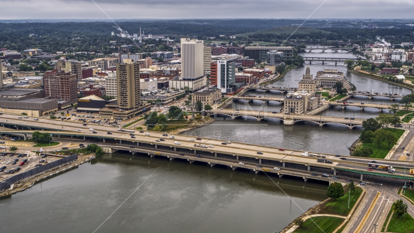 Bridges spanning the river by Downtown Cedar Rapids, Iowa Aerial Stock Photo DXP002_164_0005 | Axiom Images