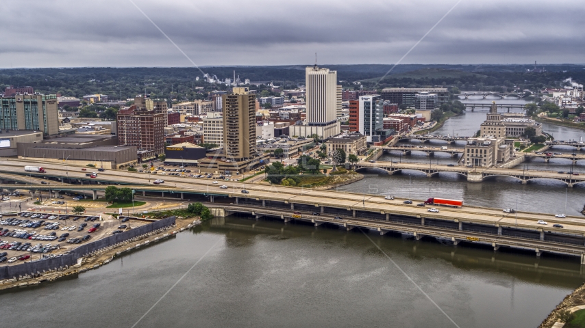 Apartment high-rise and bridges spanning the river, Downtown Cedar Rapids, Iowa Aerial Stock Photo DXP002_164_0006 | Axiom Images