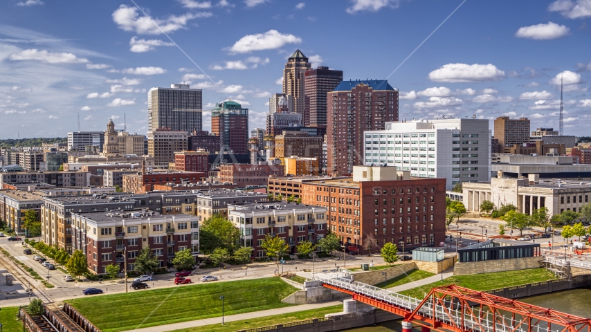 The city's skyline seen from apartment and office buildings in Downtown Des Moines, Iowa Aerial Stock Photo DXP002_165_0002 | Axiom Images