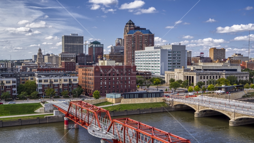 A view of government offices and skyline from bridges over the river, Downtown Des Moines, Iowa Aerial Stock Photo DXP002_165_0009 | Axiom Images