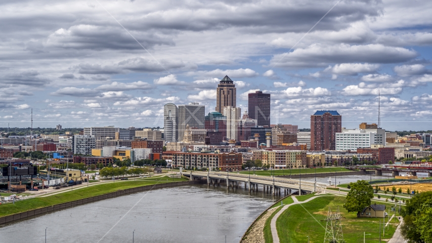 The skyline across the river, seen from a park, Downtown Des Moines, Iowa Aerial Stock Photo DXP002_165_0011 | Axiom Images