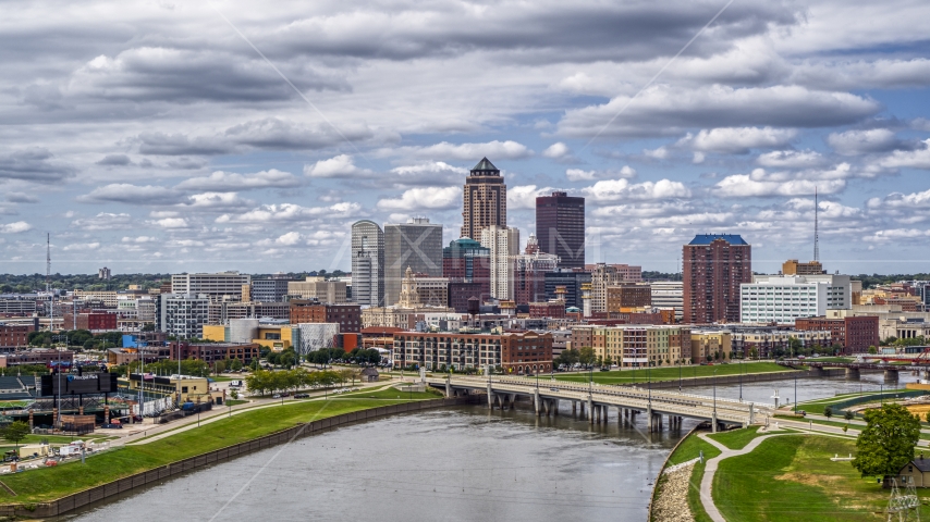 Cedar River bridge and a view of skyline, Downtown Des Moines, Iowa Aerial Stock Photo DXP002_165_0012 | Axiom Images