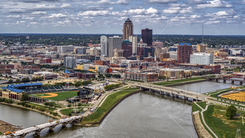The city's skyline across the river, Downtown Des Moines, Iowa Aerial Stock Photo DXP002_165_0014 | Axiom Images
