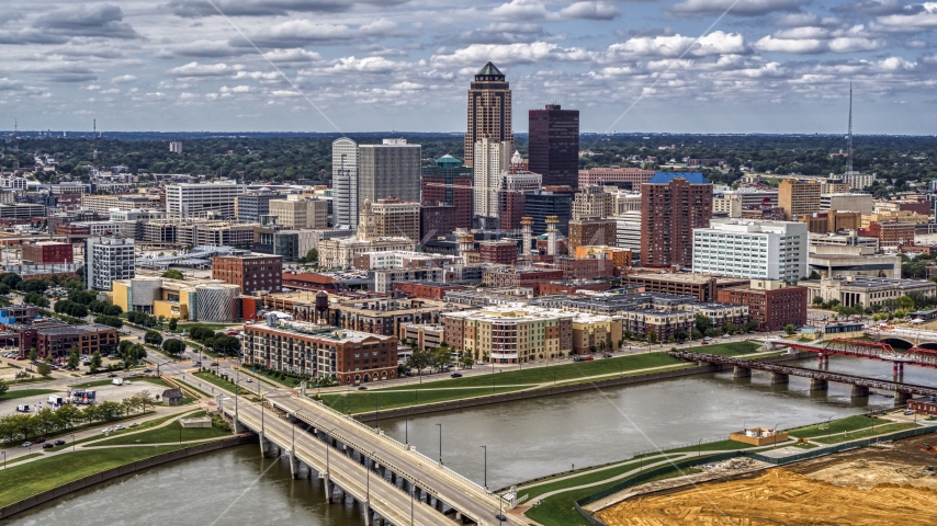 The city's skyline and bridges over the river, Downtown Des Moines, Iowa Aerial Stock Photo DXP002_165_0015 | Axiom Images