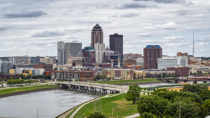 The city's downtown skyline and Cedar River, Downtown Des Moines, Iowa Aerial Stock Photo DXP002_165_0017 | Axiom Images