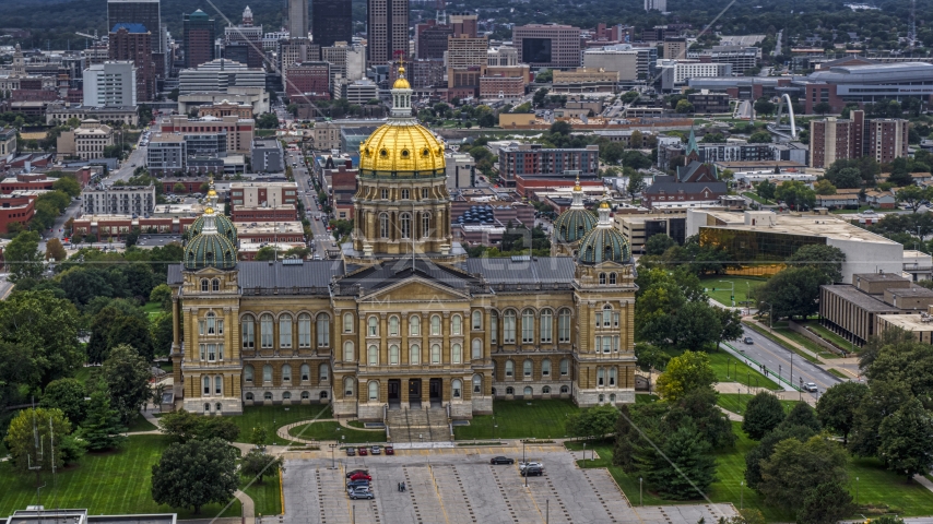 The front of the Iowa State Capitol with the city in the background, Des Moines, Iowa Aerial Stock Photo DXP002_166_0008 | Axiom Images