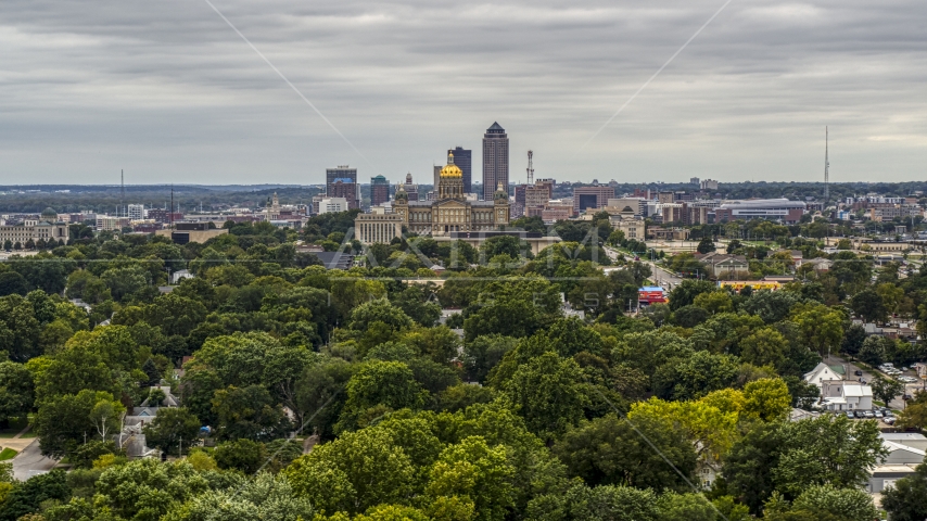 A wide view of the state capitol and the skyline of Downtown Des Moines, Iowa Aerial Stock Photo DXP002_166_0010 | Axiom Images