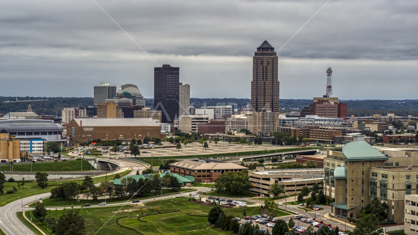 The city's skyline and tall skyscraper in Downtown Des Moines, Iowa, seen from the hospital Aerial Stock Photo DXP002_167_0001 | Axiom Images