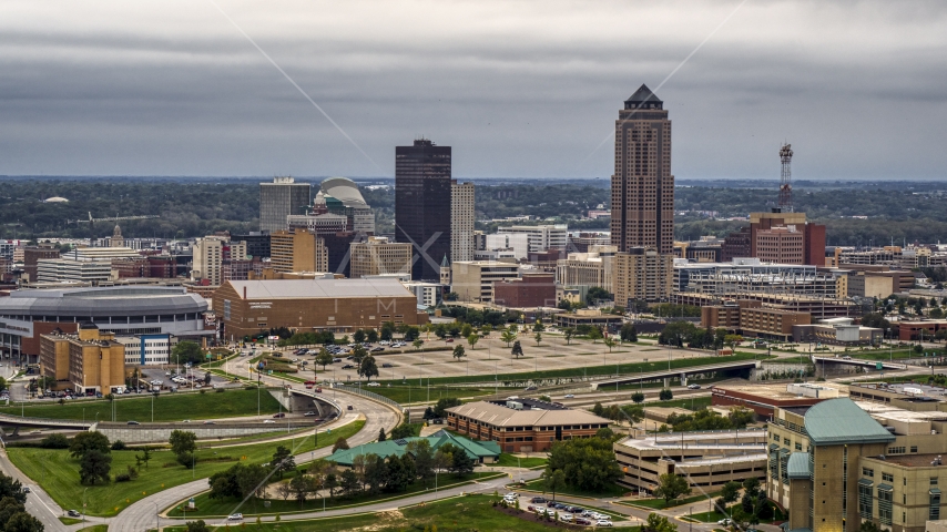 The city's skyline and skyscraper in Downtown Des Moines, Iowa Aerial Stock Photo DXP002_167_0004 | Axiom Images