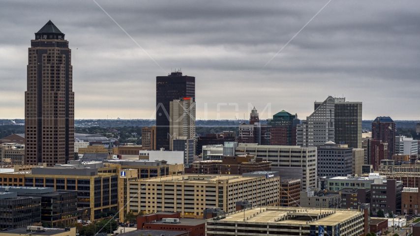 Skyscraper and office buildings in Downtown Des Moines, Iowa Aerial Stock Photo DXP002_167_0005 | Axiom Images