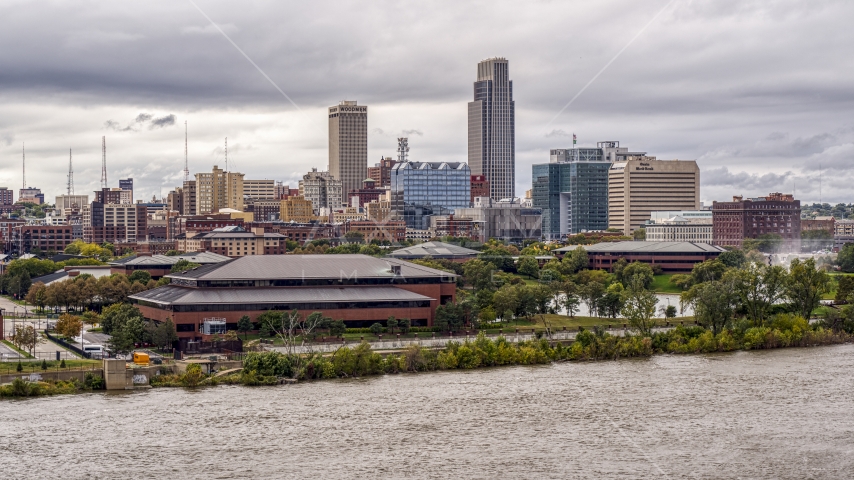 Riverfront park with view of skyline, Downtown Omaha, Nebraska Aerial Stock Photo DXP002_169_0007 | Axiom Images