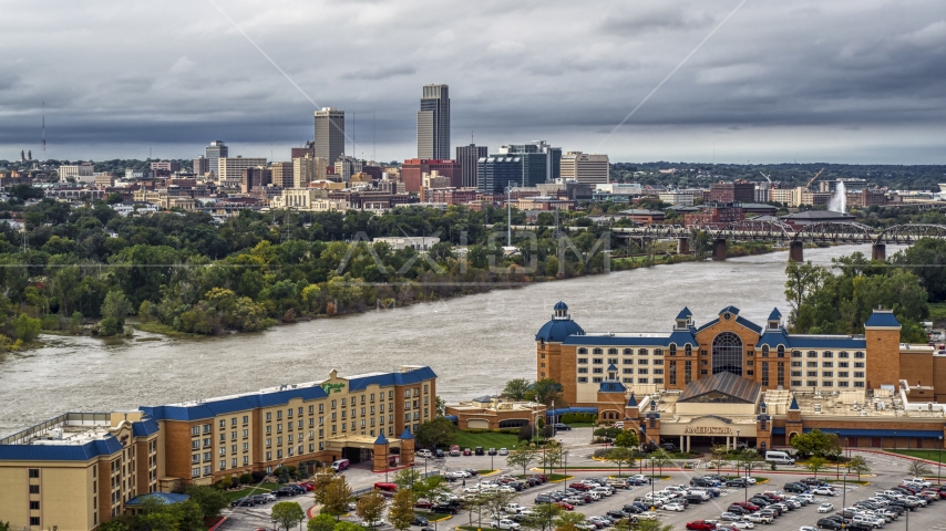 The city's skyline seen from across the Missouri River, Downtown Omaha, Nebraska Aerial Stock Photo DXP002_170_0001 | Axiom Images