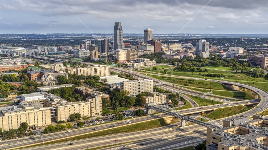 The city's skyline seen from university and apartment complex, Downtown Omaha, Nebraska Aerial Stock Photo DXP002_170_0003 | Axiom Images