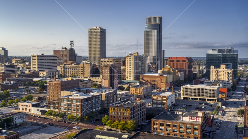 A view of the city's skyscrapers in Downtown Omaha, Nebraska Aerial Stock Photo DXP002_170_0005 | Axiom Images