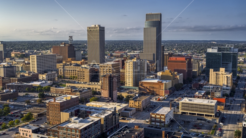 The city's skyscrapers in Downtown Omaha, Nebraska Aerial Stock Photo DXP002_170_0006 | Axiom Images