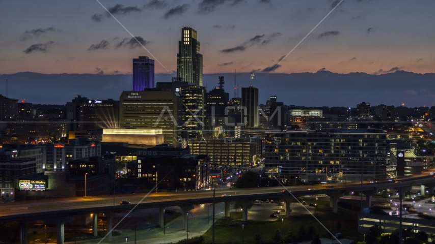 The city's skyline at twilight in Downtown Omaha, Nebraska Aerial Stock Photo DXP002_173_0004 | Axiom Images