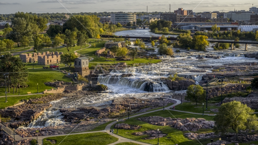 Falls Park at sunset in Sioux Falls, South Dakota Aerial Stock Photo DXP002_176_0002 | Axiom Images