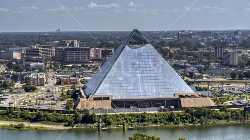 The waterfront Memphis Pyramid in Downtown Memphis, Tennessee Aerial Stock Photo DXP002_177_0005 | Axiom Images