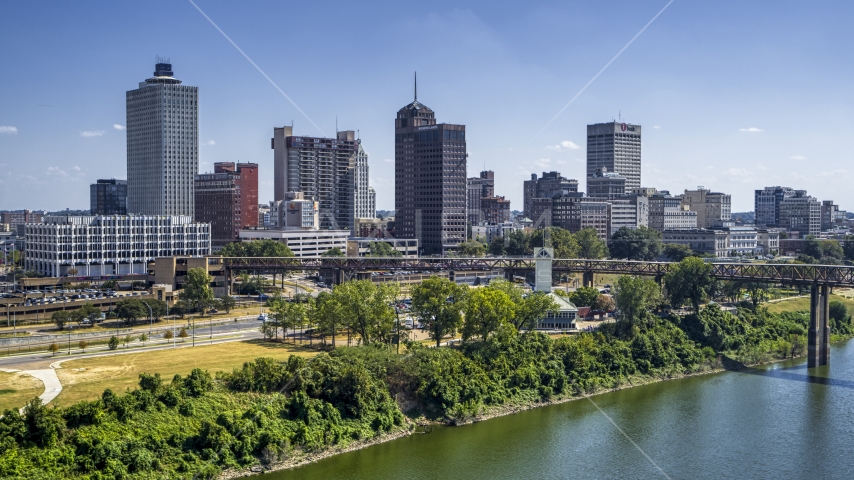 The skyline seen from the river in Downtown Memphis, Tennessee during descent Aerial Stock Photo DXP002_178_0002 | Axiom Images