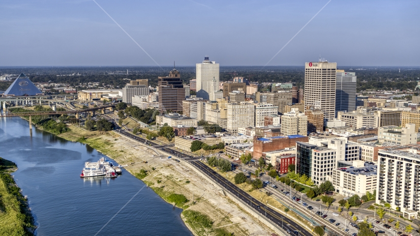 Office buildings near Wolf River Harbor in Downtown Memphis, Tennessee Aerial Stock Photo DXP002_180_0002 | Axiom Images