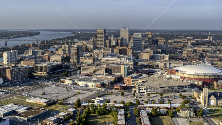 A view of FedEx Forum arena and the skyline at sunset, Downtown Memphis, Tennessee Aerial Stock Photo DXP002_180_0006 | Axiom Images