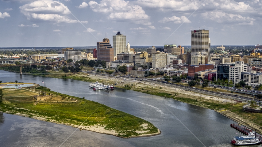 A wide view of the city's skyline, Downtown Memphis, Tennessee Aerial Stock Photo DXP002_183_0001 | Axiom Images
