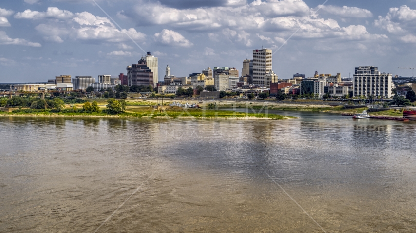 View of the city's skyline from the Mississippi River, Downtown Memphis, Tennessee Aerial Stock Photo DXP002_183_0002 | Axiom Images