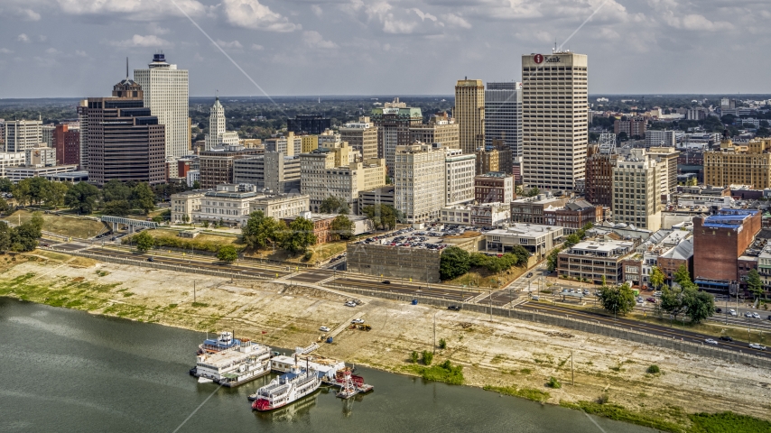 The city's high-rises beside the Wolf River Harbor, Downtown Memphis, Tennessee Aerial Stock Photo DXP002_183_0003 | Axiom Images